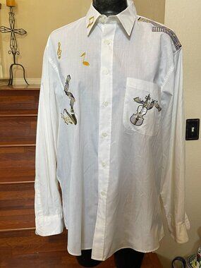 Mili Designs Women's White Button-up Long Sleeve Blouse w/Musical Notes Violin L